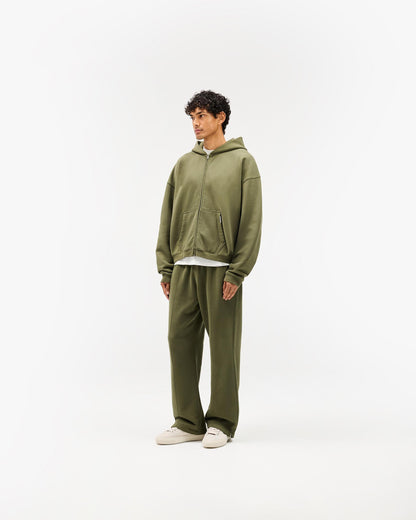 Initial Boxy Zip Through Hoodie - Army Green